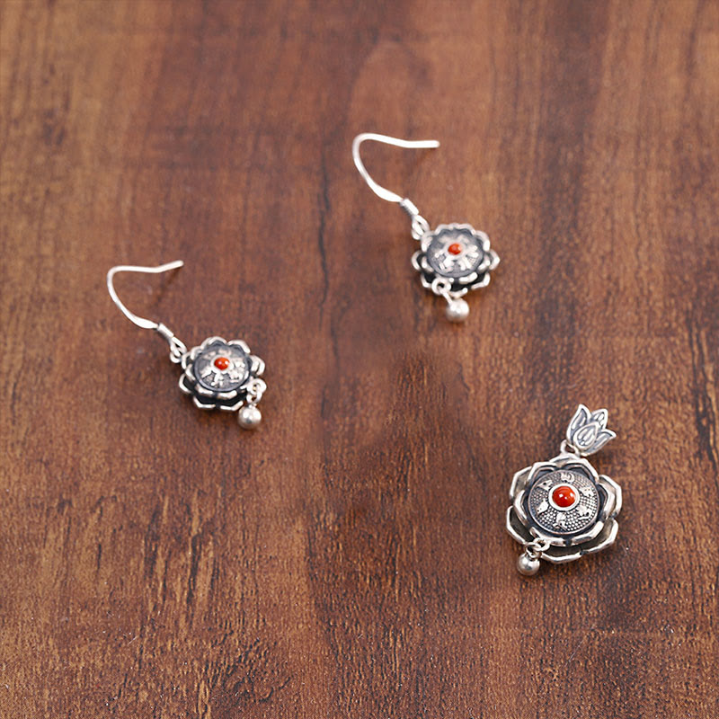 Sterling Silber Om Mani Padme Hum Lotus Halskette &amp; Ohrringe Set