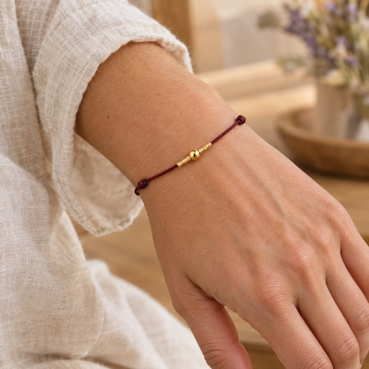 925 Sterling Silver Red String Protection Bracelet for Wrist or Ankle, worn on the wrist by a woman