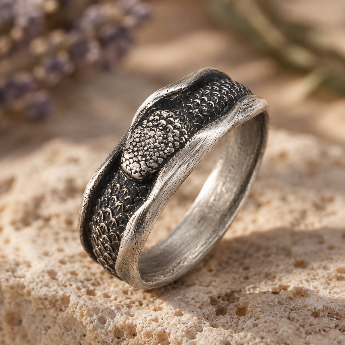 999 Sterling Silver Snake Protection Ring for Wisdom & Resilience, close-up of the material and finish