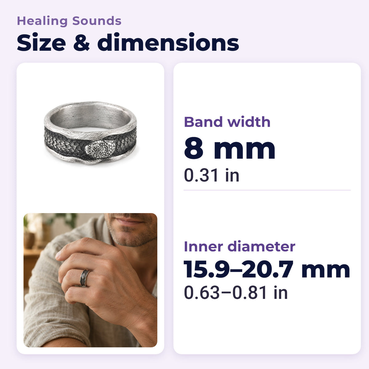 999 Sterling Silver Snake Protection Ring for Wisdom & Resilience, size and dimensions in millimetres and inches