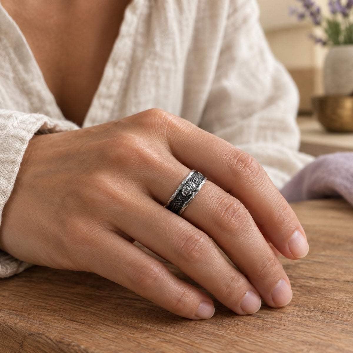 999 Sterling Silver Snake Protection Ring for Wisdom & Resilience, worn by a woman
