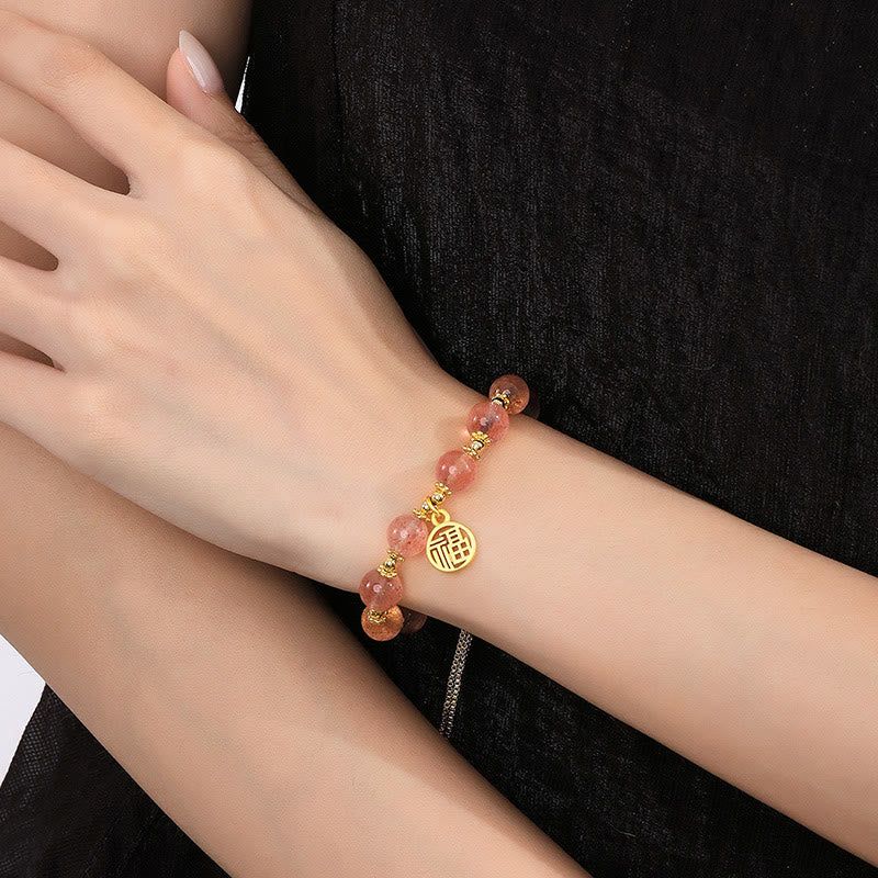 Spirituelles Armband mit Erdbeerquarz-Fu-Charakter, 15–18 cm