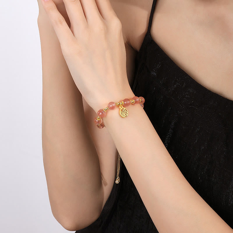 Spirituelles Armband mit Erdbeerquarz-Fu-Charakter, 15–18 cm