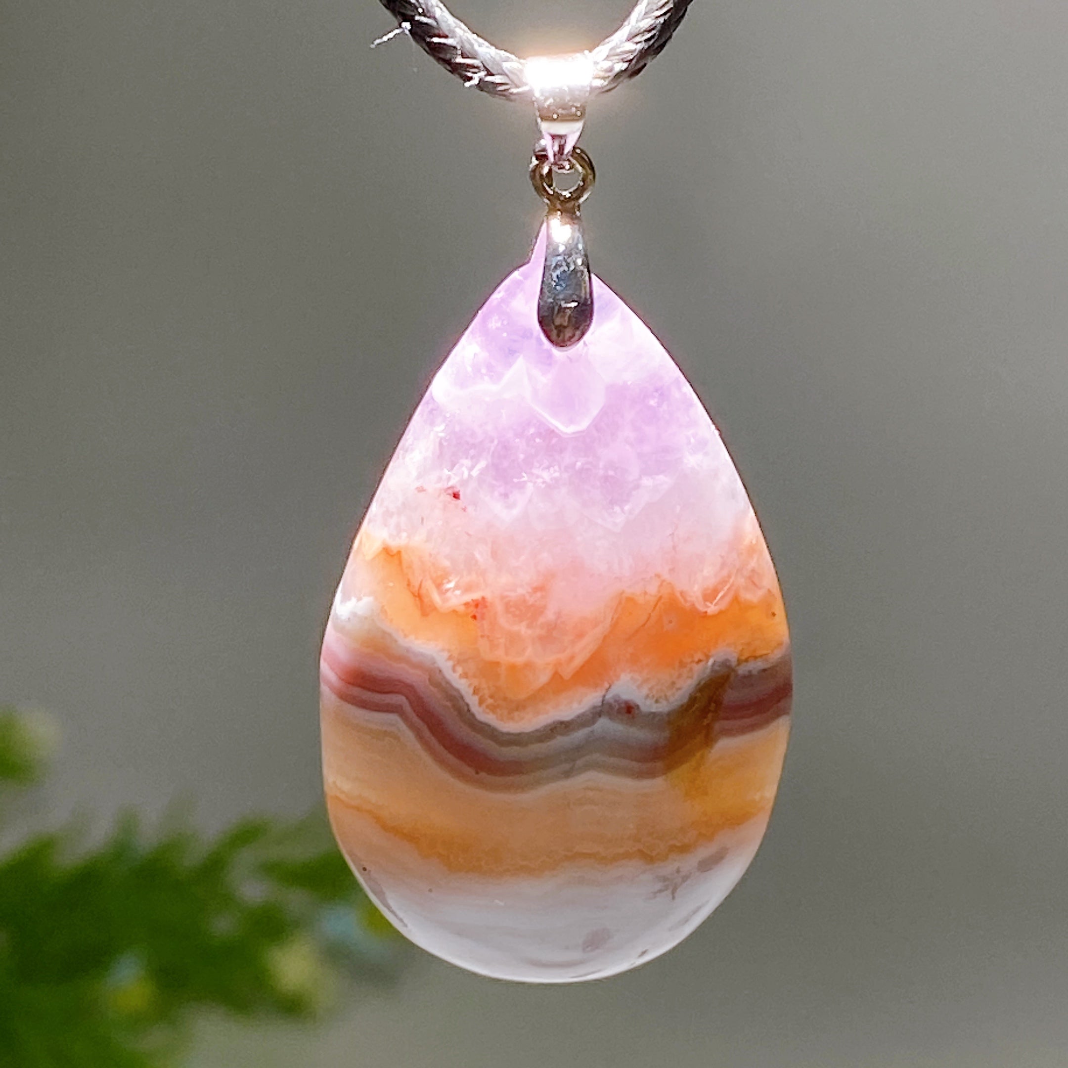 Striped Agate & Amethyst Drop Pendant 1.4-2.2 Inch Healing Crystal