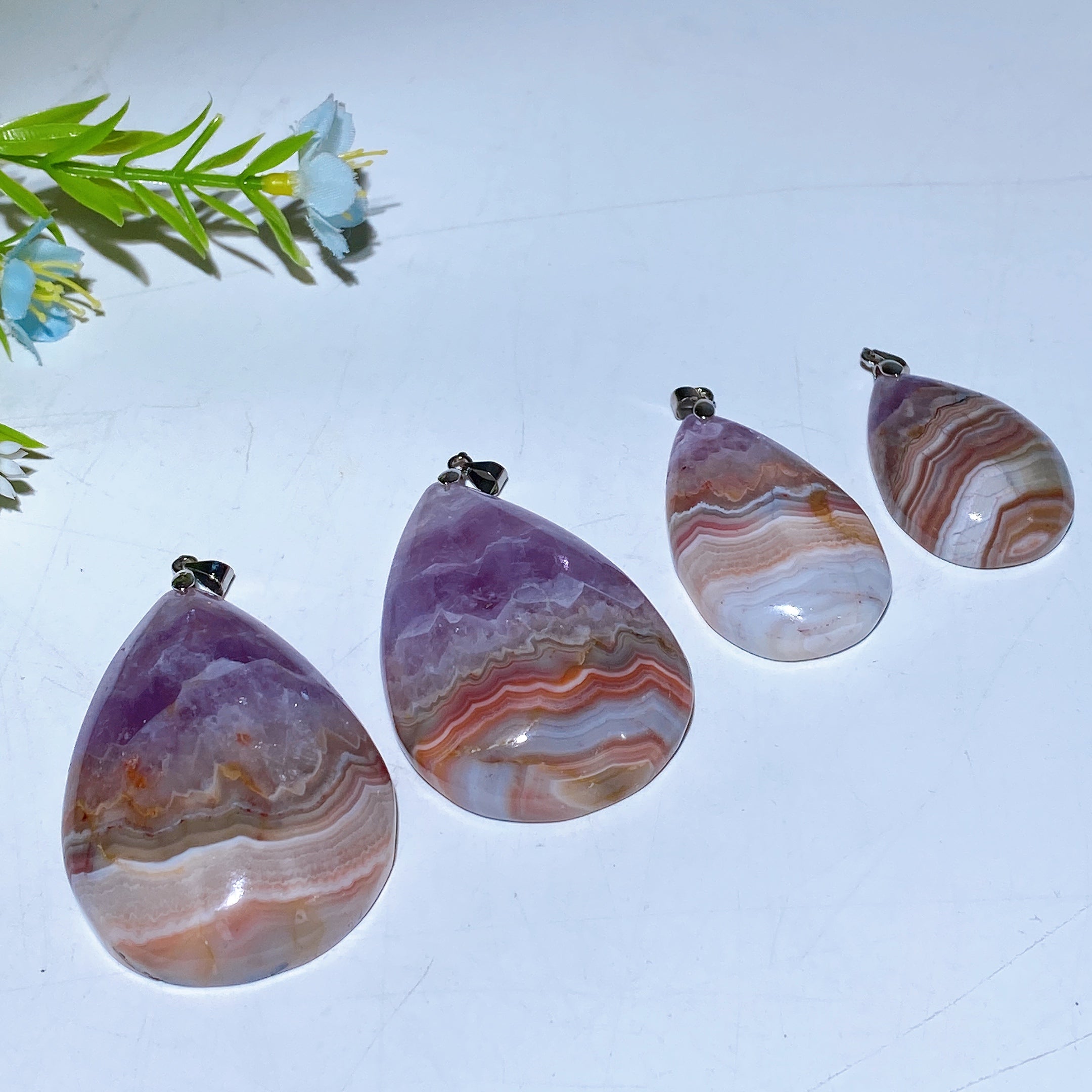 Striped Agate & Amethyst Drop Pendant 1.4-2.2 Inch Healing Crystal