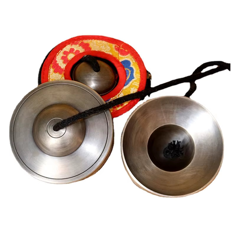 Tibetan Brass Finger Cymbals for Meditation Yoga with decorative red case