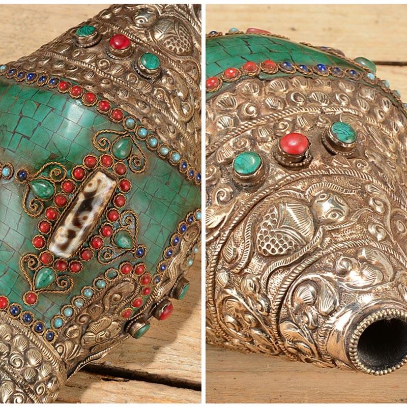 Tibetisches handgefertigtes Doppel-Dorje-Shankha-Muscheldekor, 31 x 12 cm