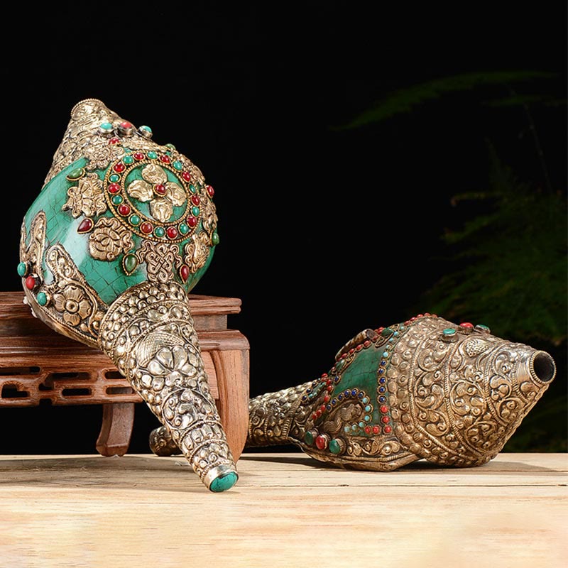 Tibetisches handgefertigtes Doppel-Dorje-Shankha-Muscheldekor, 31 x 12 cm