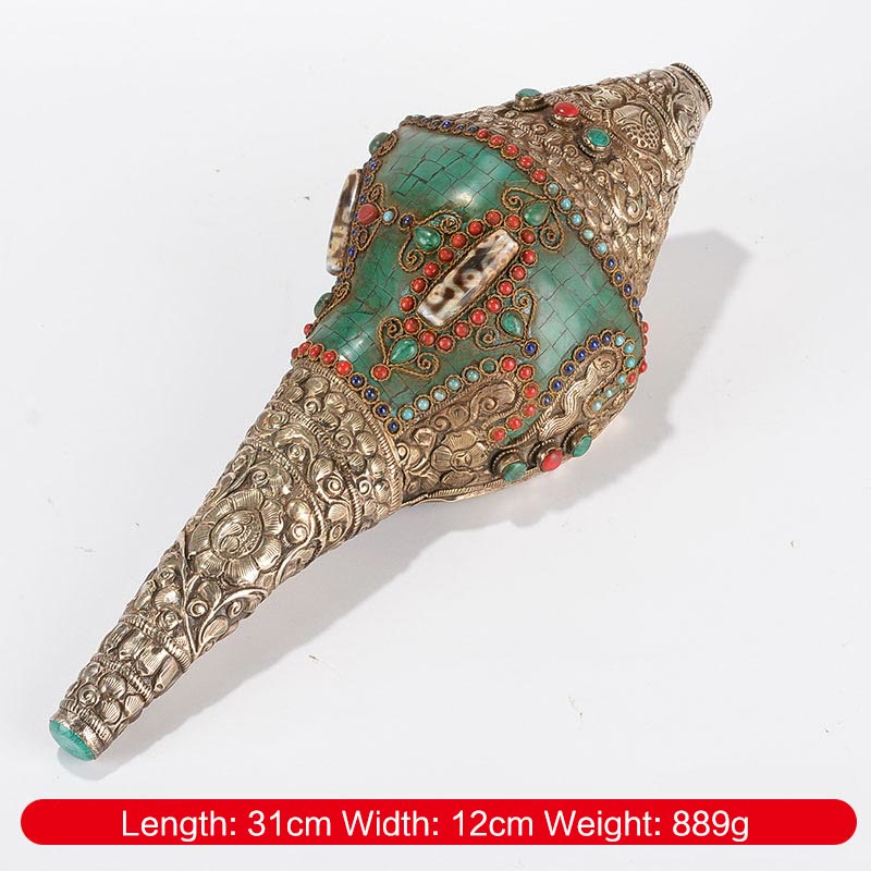 Tibetisches handgefertigtes Doppel-Dorje-Shankha-Muscheldekor, 31 x 12 cm
