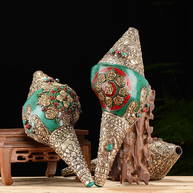 Tibetisches handgefertigtes Doppel-Dorje-Shankha-Muscheldekor, 31 x 12 cm