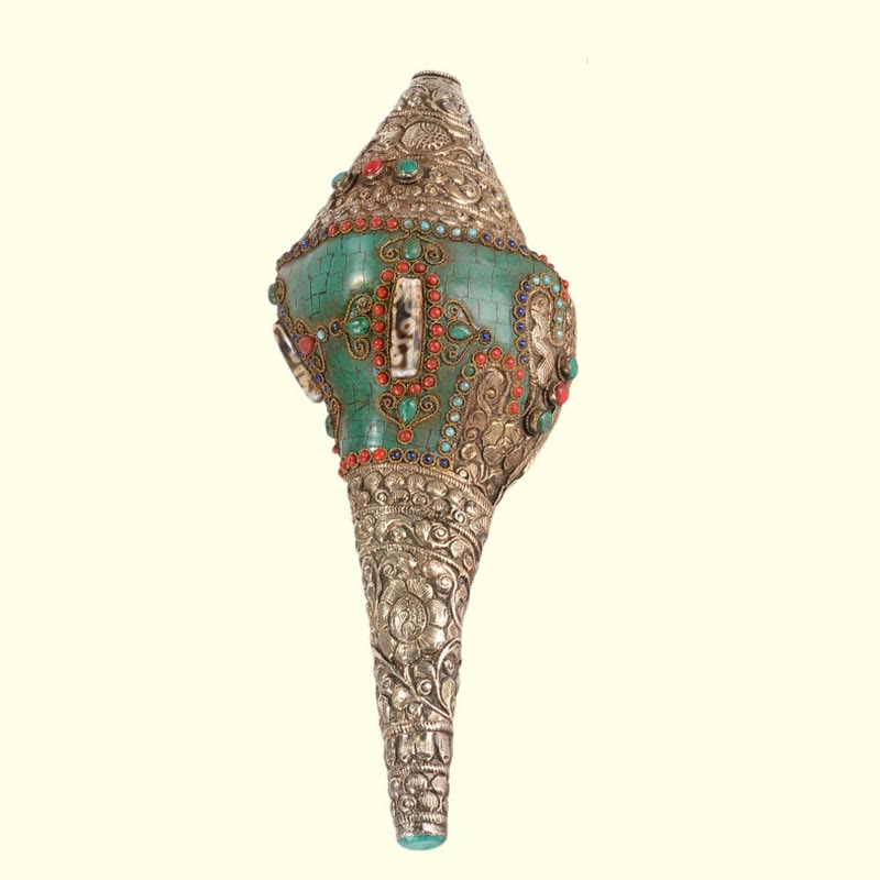 Tibetisches handgefertigtes Doppel-Dorje-Shankha-Muscheldekor, 31 x 12 cm