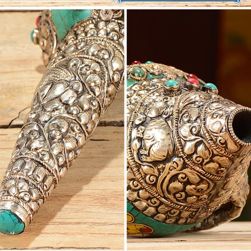 Tibetisches handgefertigtes Doppel-Dorje-Shankha-Muscheldekor, 31 x 12 cm