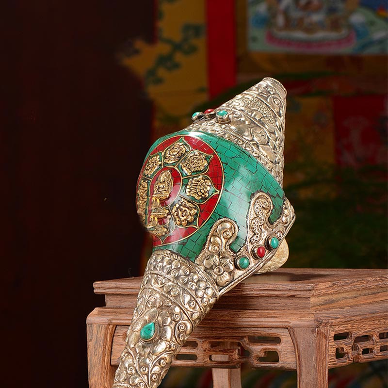 Tibetisches handgefertigtes Doppel-Dorje-Shankha-Muscheldekor, 31 x 12 cm