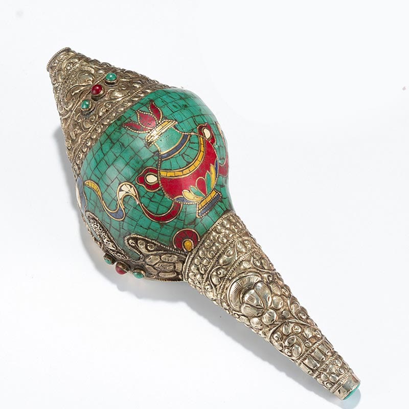 Tibetisches handgefertigtes Doppel-Dorje-Shankha-Muscheldekor, 31 x 12 cm