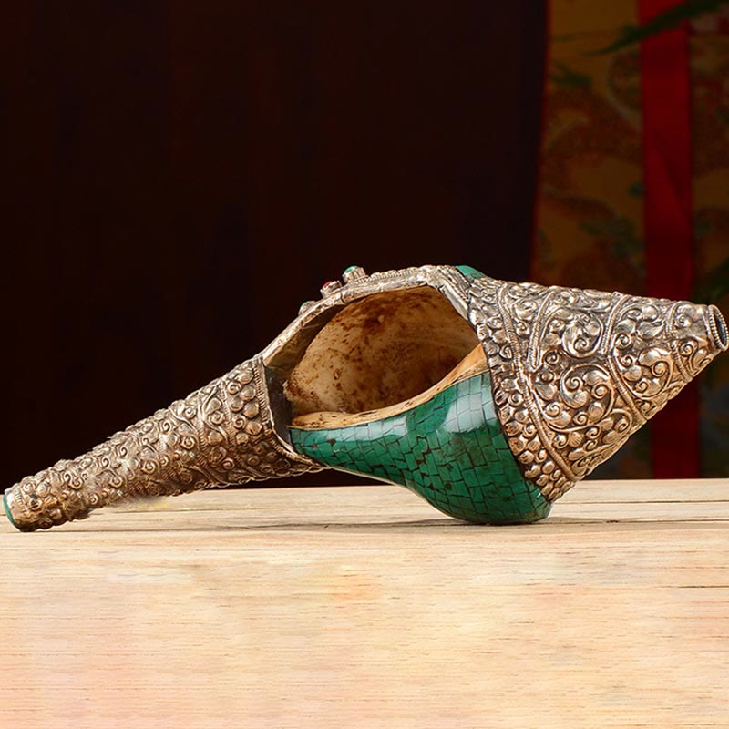 Tibetisches handgefertigtes Doppel-Dorje-Shankha-Muscheldekor, 31 x 12 cm