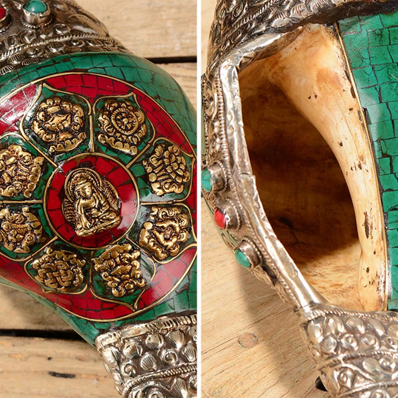 Tibetisches handgefertigtes Doppel-Dorje-Shankha-Muscheldekor, 31 x 12 cm
