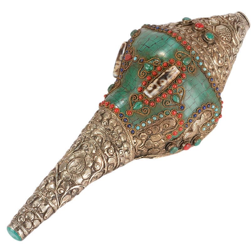 Tibetisches handgefertigtes Doppel-Dorje-Shankha-Muscheldekor, 31 x 12 cm