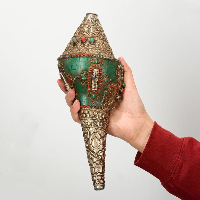 Tibetisches handgefertigtes Doppel-Dorje-Shankha-Muscheldekor, 31 x 12 cm