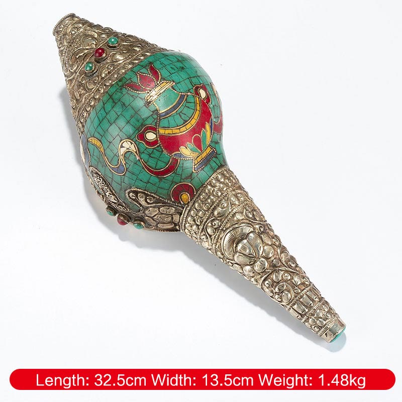 Tibetisches handgefertigtes Doppel-Dorje-Shankha-Muscheldekor, 31 x 12 cm