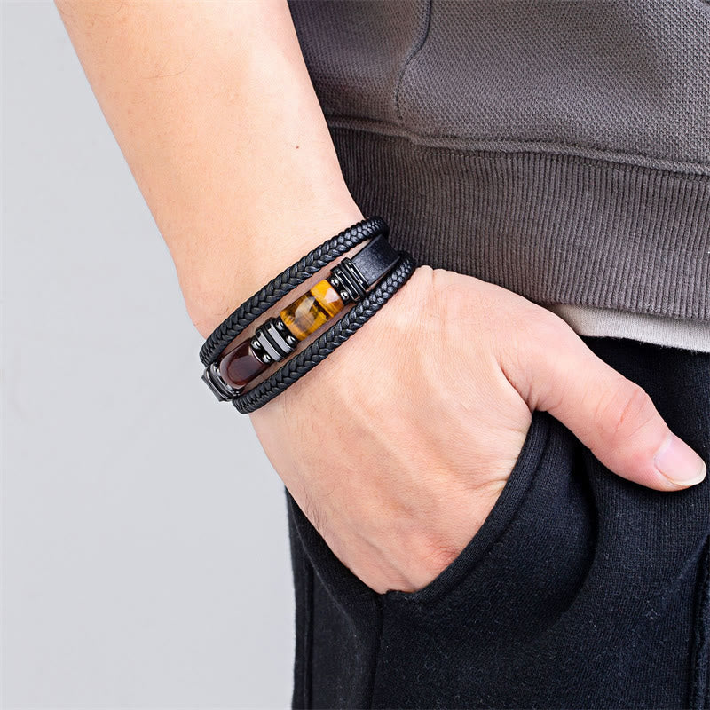 Tigerauge Mehrschichtiges Lederarmband für Mut &amp; Willenskraft 18-20cm
