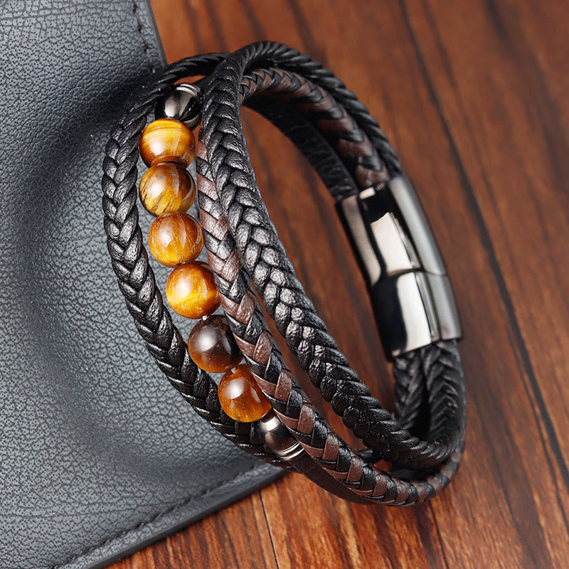 Tigerauge-Schutz-Lederarmband für Herren, 18–20 cm