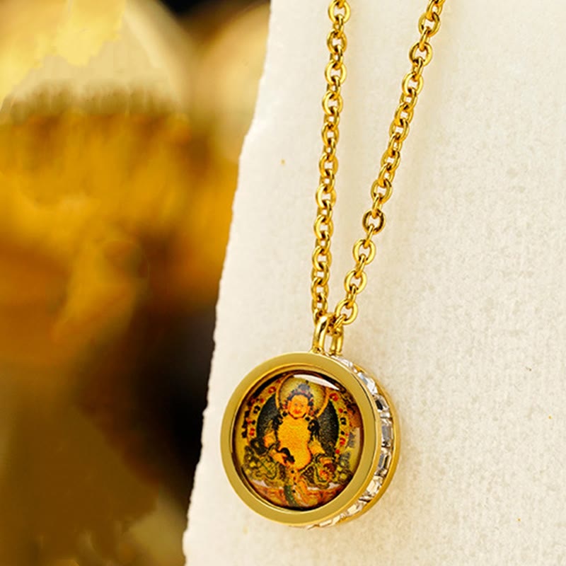 Buddha-Halskette aus Titanstahl | Grüne Tara &amp; Gott des Reichtums-Symbol