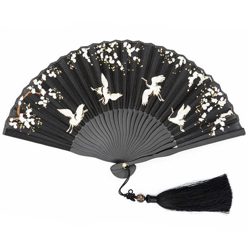 Traditioneller Seidenfächer mit schwarzem Pflaumenblüten-Kranichmotiv, 18 cm