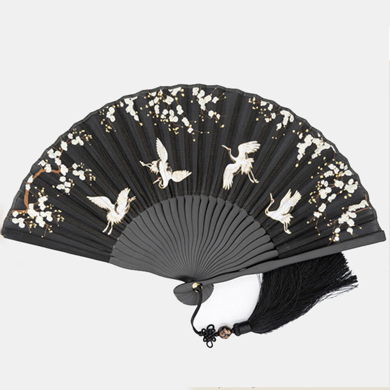 Traditioneller Seidenfächer mit schwarzem Pflaumenblüten-Kranichmotiv, 18 cm