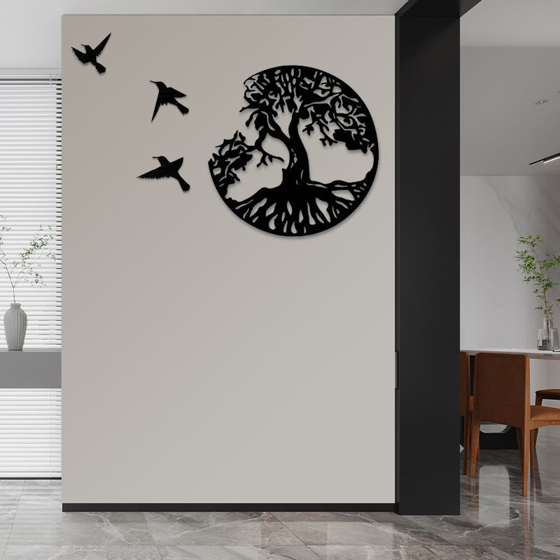 Wandkunst mit Lebensbaum, Metallvögel, Mandala-Dekor, 50 cm