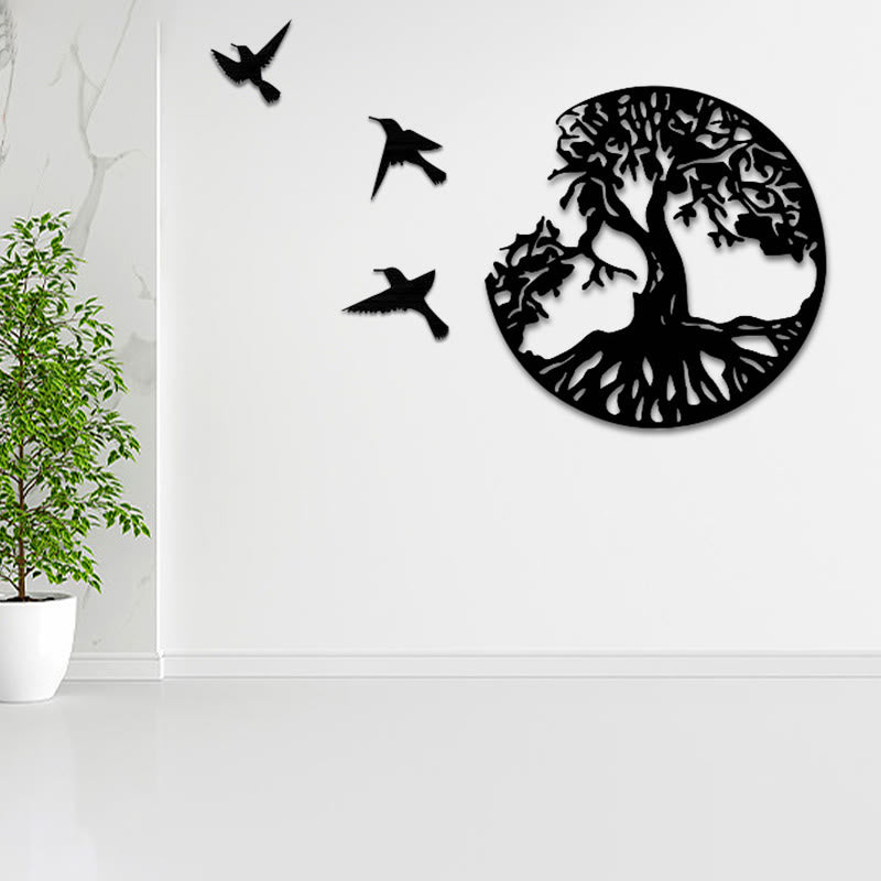Wandkunst mit Lebensbaum, Metallvögel, Mandala-Dekor, 50 cm