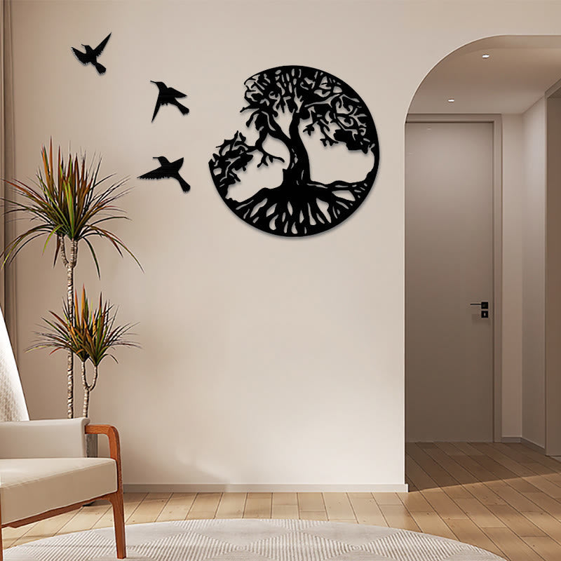 Wandkunst mit Lebensbaum, Metallvögel, Mandala-Dekor, 50 cm