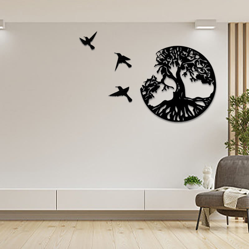 Wandkunst mit Lebensbaum, Metallvögel, Mandala-Dekor, 50 cm