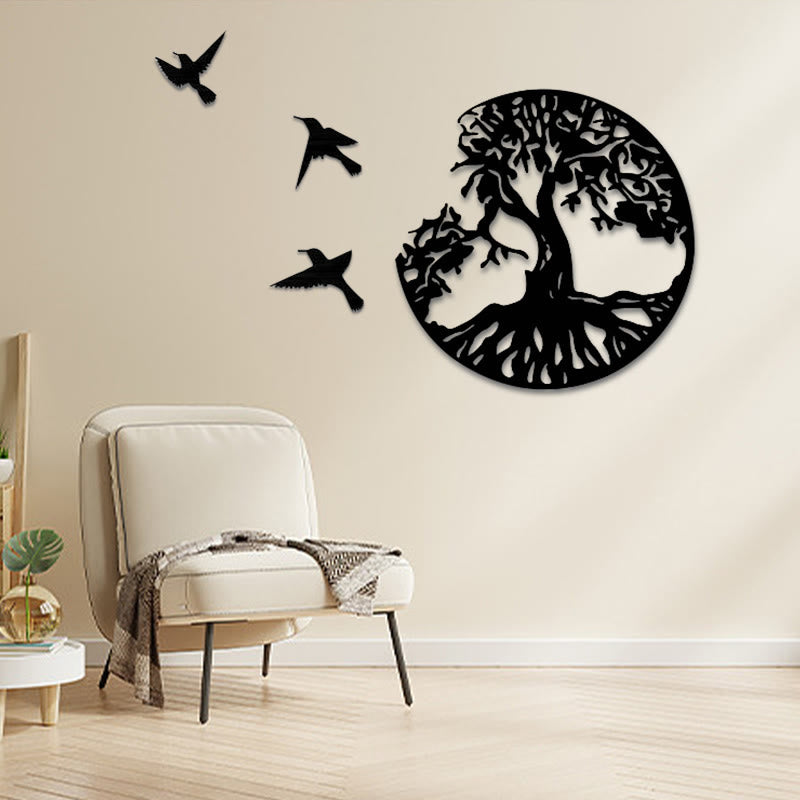 Wandkunst mit Lebensbaum, Metallvögel, Mandala-Dekor, 50 cm