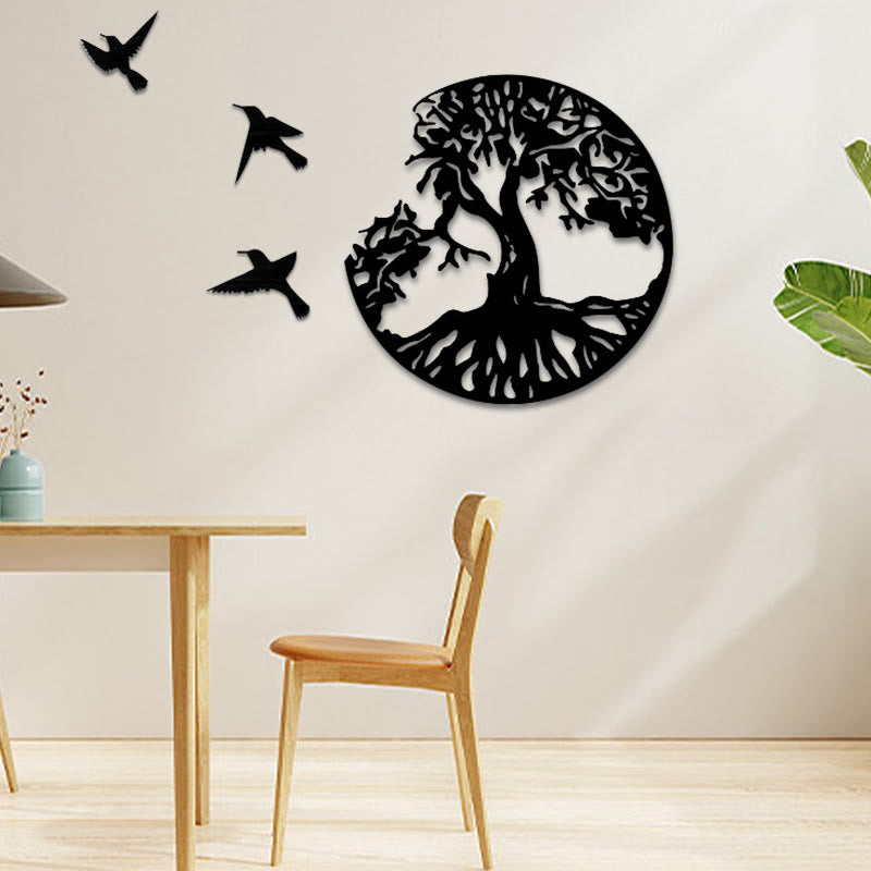Wandkunst mit Lebensbaum, Metallvögel, Mandala-Dekor, 50 cm