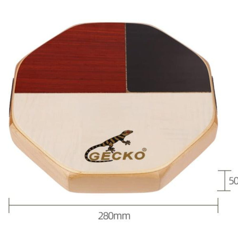 Octagonal Tricolor Cajon Drum pad with gecko logo in red, black, and beige