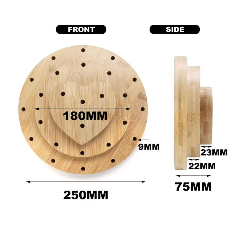 Wooden circular pegboard with measurements and holes for Tuning Fork Stand Holder