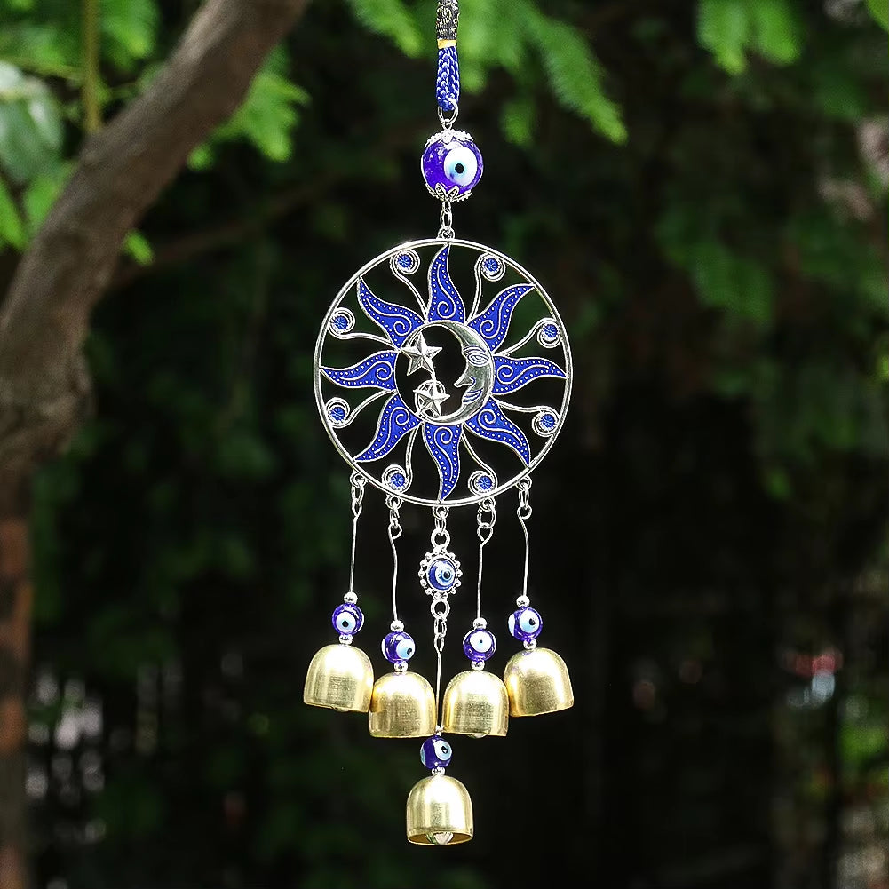 Decorative Turkish Blue Eye Amulet Wind Chimes with sun, moon, and golden bells