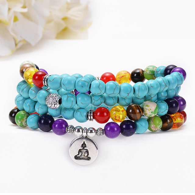 Türkisfarbene 7-Chakra-Mala-Halskette mit 108 Perlen