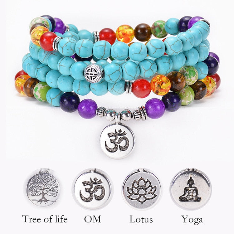 Türkisfarbene 7-Chakra-Mala-Halskette mit 108 Perlen