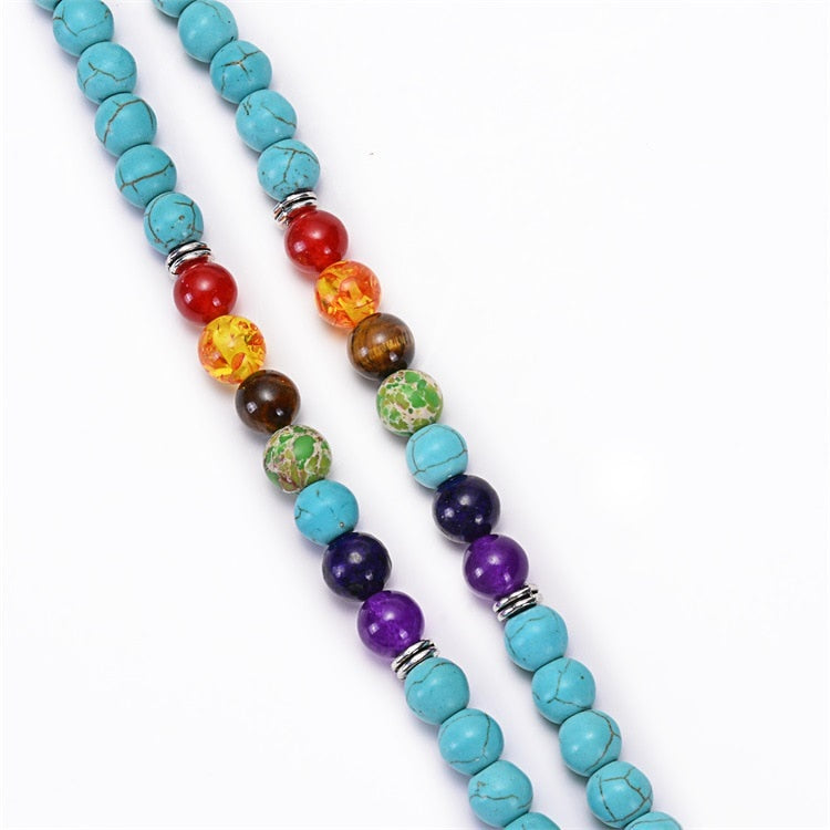 Türkisfarbene 7-Chakra-Mala-Halskette mit 108 Perlen