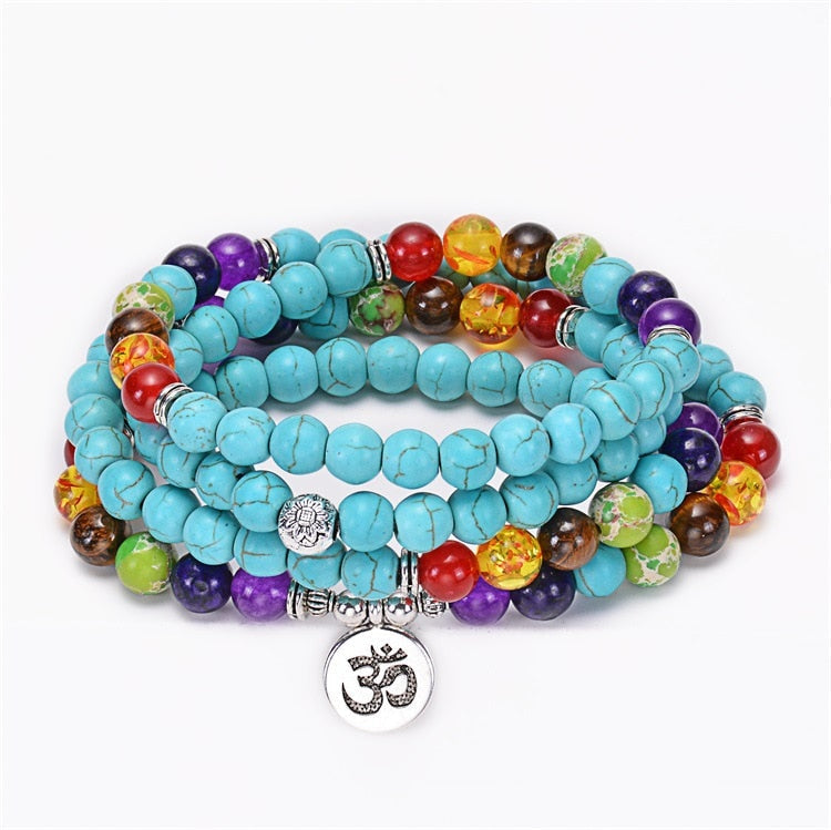 Türkisfarbene 7-Chakra-Mala-Halskette mit 108 Perlen