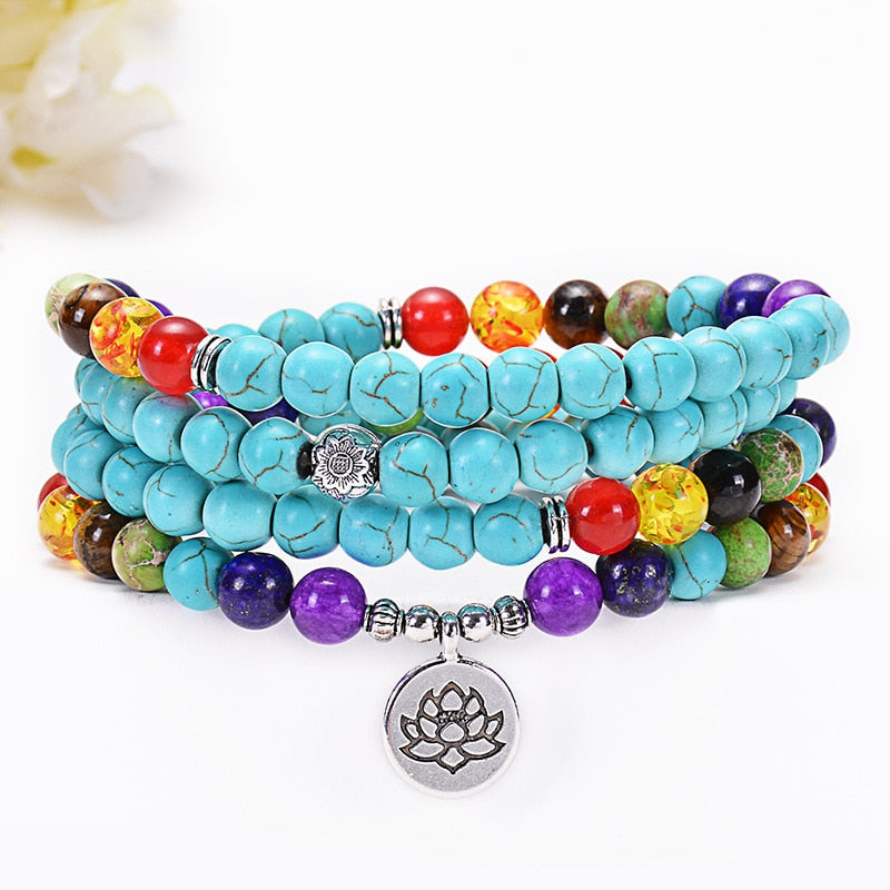 Türkisfarbene 7-Chakra-Mala-Halskette mit 108 Perlen