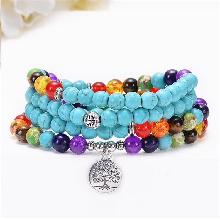 Türkisfarbene 7-Chakra-Mala-Halskette mit 108 Perlen