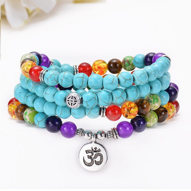 Türkisfarbene 7-Chakra-Mala-Halskette mit 108 Perlen