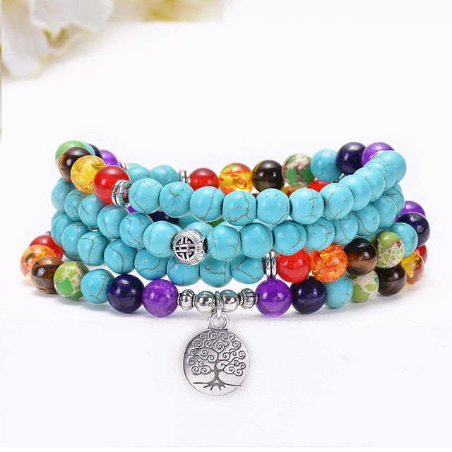 Türkisfarbene 7-Chakra-Mala-Halskette mit 108 Perlen