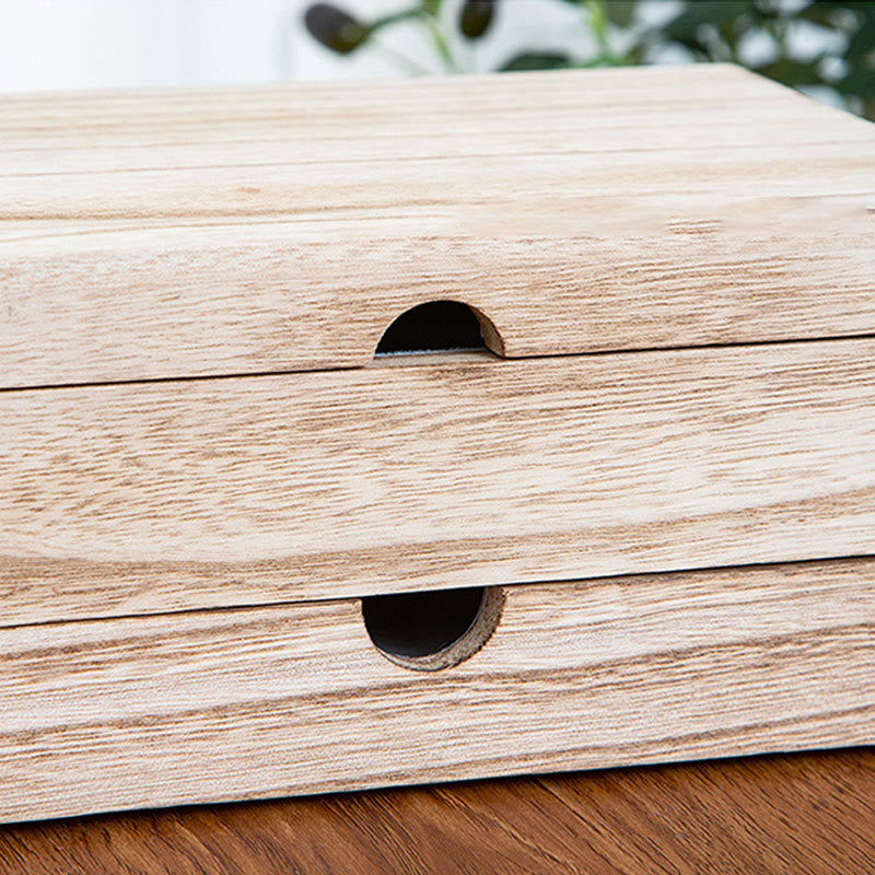 Zweilagige beige Holzschmuckschatulle mit Spiegel | Spirituelle Wohnakzente