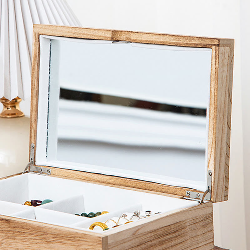 Zweilagige beige Holzschmuckschatulle mit Spiegel | Spirituelle Wohnakzente