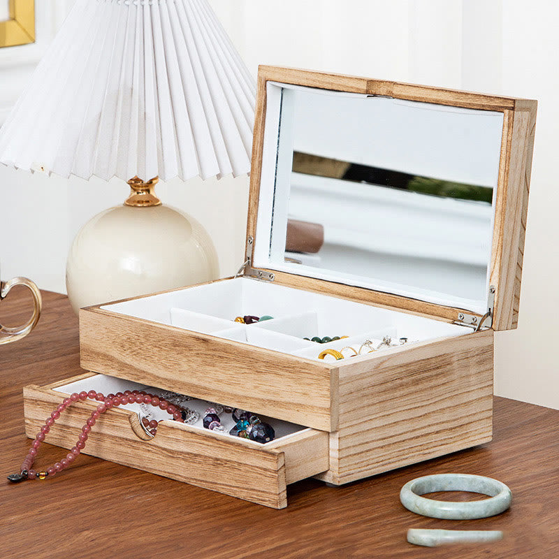 Zweilagige beige Holzschmuckschatulle mit Spiegel | Spirituelle Wohnakzente