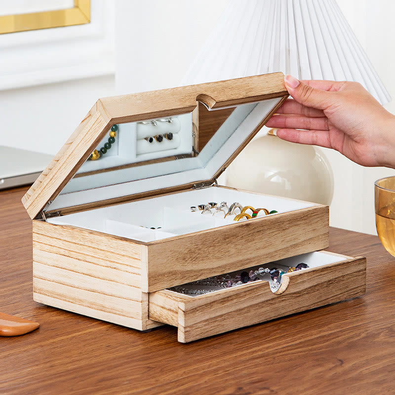 Zweilagige beige Holzschmuckschatulle mit Spiegel | Spirituelle Wohnakzente