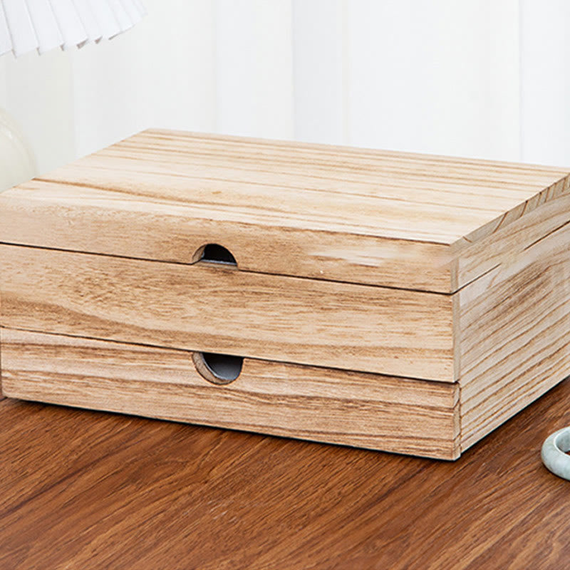 Zweilagige beige Holzschmuckschatulle mit Spiegel | Spirituelle Wohnakzente